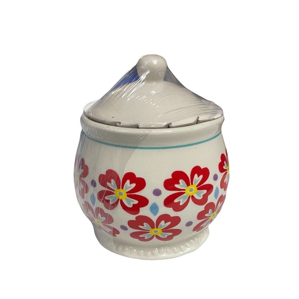 Pioneer Woman Sugar Bowl. Red Flower Design